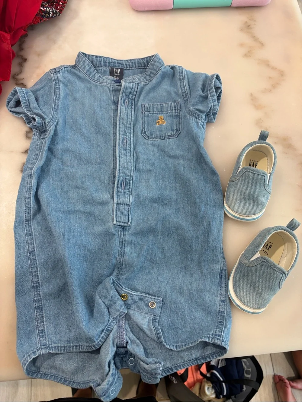 GAP Light Blue Denim Baby Romper with Ruffle Sleeves